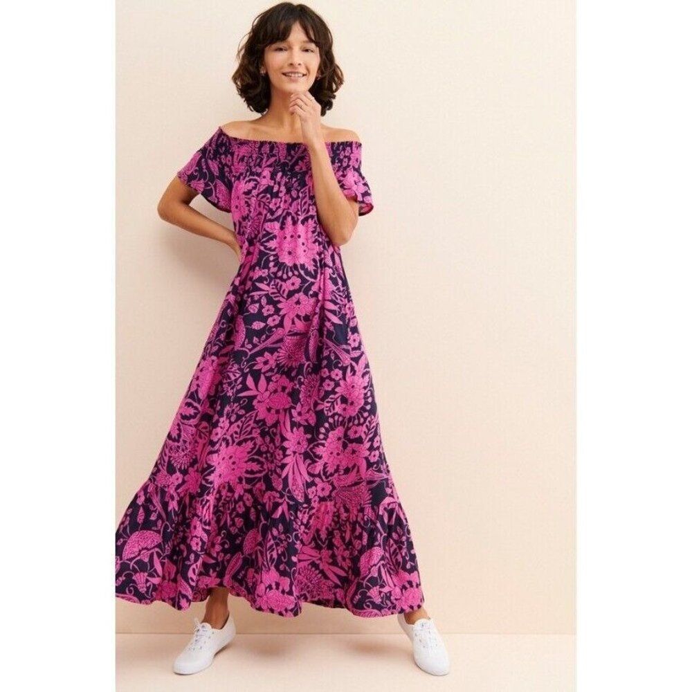 Anthropologie XS Arielle Sleep Maxi Dress Pink Navy Pockets Boho
